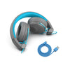 Studiová Bluetooth bezdrátová sluchátka do uší složená do modré barvy