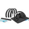 Accessories of Black Flex Sport Wireless Bluetooth Headphones Including Adjustable Tension Headbands, Carrying Pouch, and USB Cable