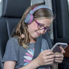 Image of girl wearing the JBuddies Studio Bluetooth Over Ear Folding Kids Heaphones in Pink